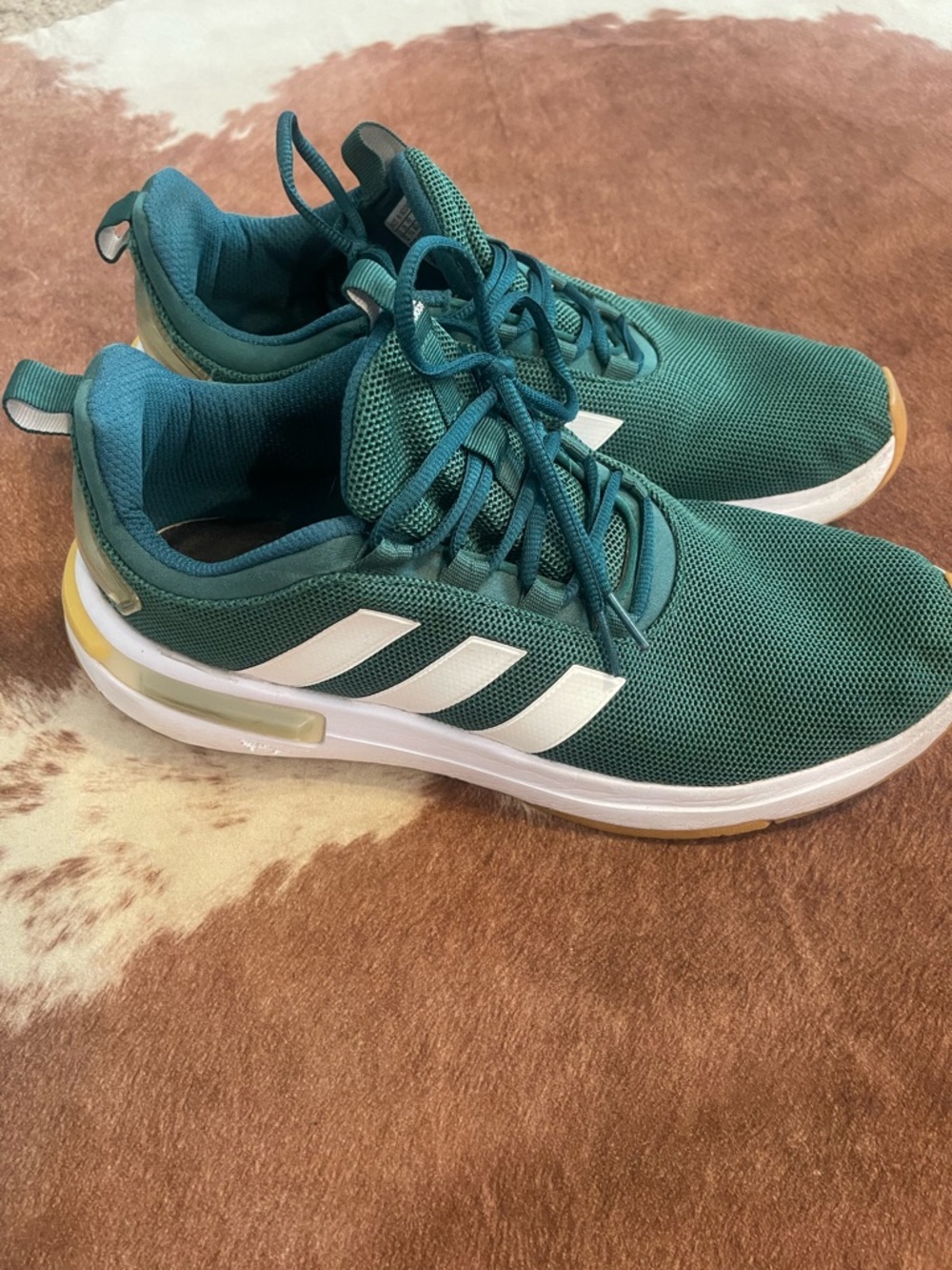 adidas green Mesh Sneakers with White Stripes and Yellow Heel Accent